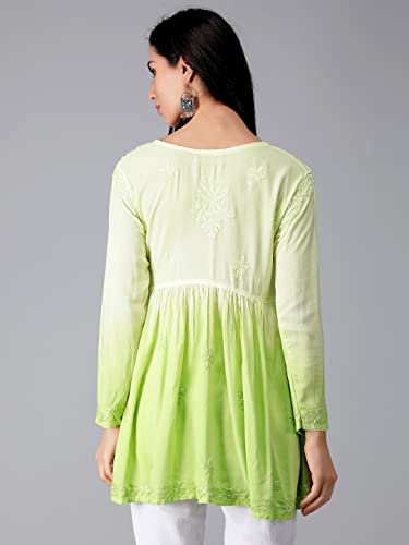 Seva Chikan Hand Embroidered Lucknowi Chikankari Lime Green Rayon Cotton Short A-line Top Tunic for Women (Lime Green)