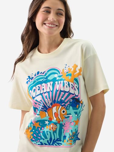 The Souled Store Official Disney: Ocean Vibes Women and Girls Round Neck Short Sleeve Off White Graphic Printed Cotton Relaxed Fit