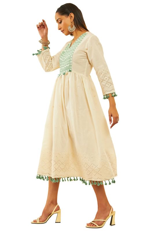 Soch Womens Off White Cotton Embroidered Dress with Faux Mirror