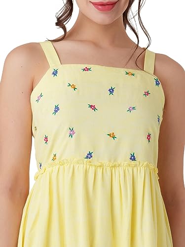 Zink London Women's Yellow Embroidered A-Line Midi Dress