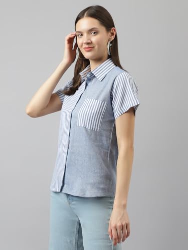 KERI PERRY Women's Blue Cotton Blend Stripe Straight Western Top | Winter Top | Western Top | Top for Women | Latest Women Top | Trendy Women Top