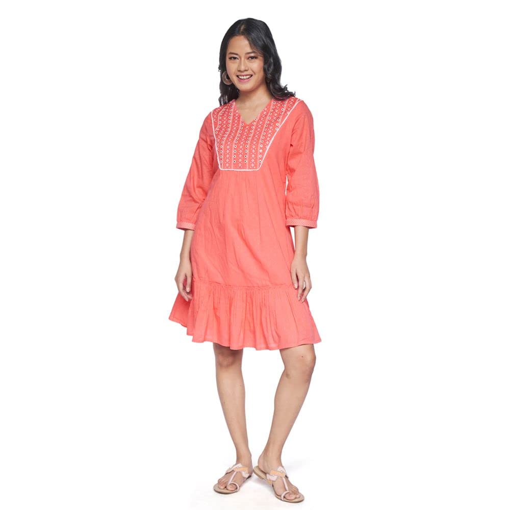 global desi Solid Cotton V Neck Womens Flared Dress (Coral)