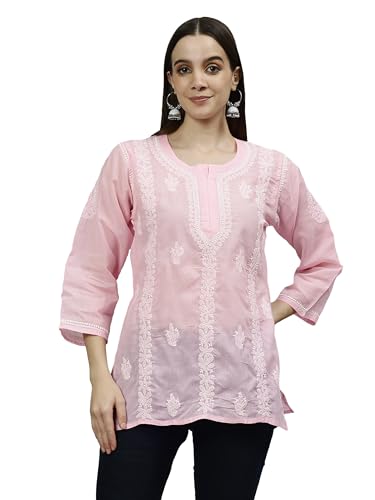 Seva Chikan Hand Embroidered Lucknowi Chikankari Pink Terivoil Cotton Women's Short Top Tunic (Pink)