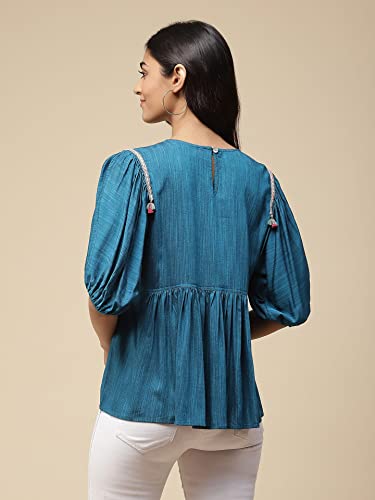 Aarke Ritu Kumar Blue Solid Gathered Top