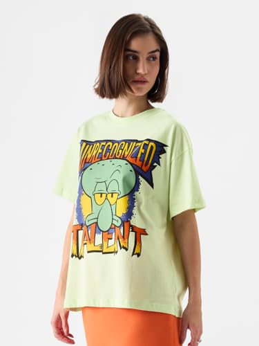 The Souled Store Official Spongebob: Unrecognised Talent Women and Girls Oversize Fit Half Sleeves Graphic Printed Cotton Green Color T-Shirt