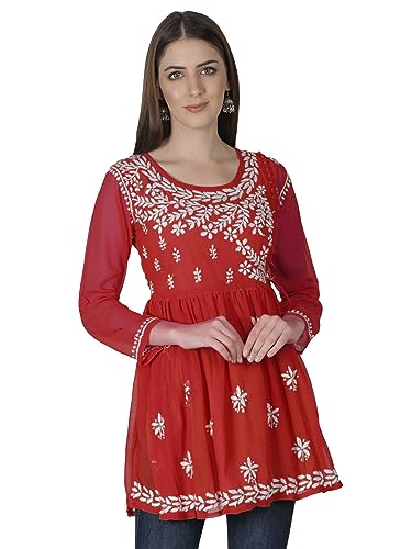 Seva Chikan Hand Embroidered Lucknowi Chikankari Red Georgette Women Short Top & Tunic with Inner Slip (Red)