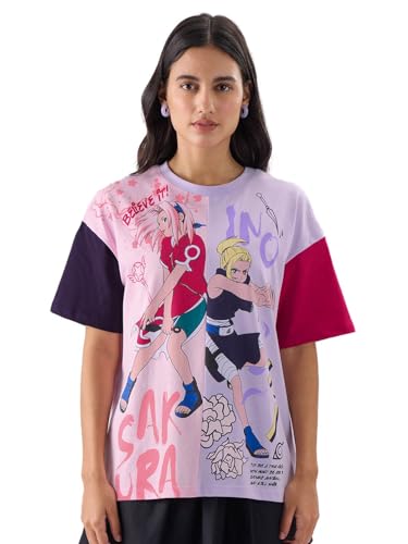 The Souled Store Naruto: Sakuro Women and Girls Short Sleeve Round Neck Graphic Print Oversized Fit T-Shirts Multicolour Oversized T Shirts for Women T-Shirt Girls Cotton Casual Half Sleeves Baggy