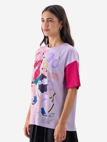 The Souled Store Naruto: Sakuro Women and Girls Short Sleeve Round Neck Graphic Print Oversized Fit T-Shirts Multicolour Oversized T Shirts for Women T-Shirt Girls Cotton Casual Half Sleeves Baggy