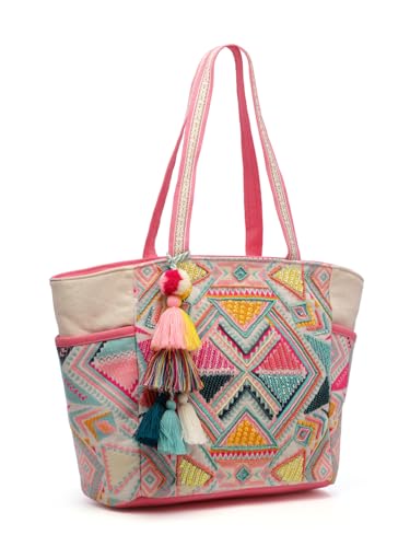 Anekaant Kooky Natural & Multi Boho Geometric Embellished Handloom Cotton Jacquard Tote Bag