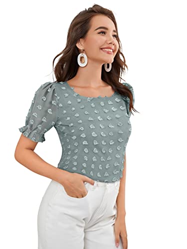 KERI PERRY Women's Dobby Pattern Western Georgette Top (Sea Green) Tops for Women, Puff Sleeve Tops