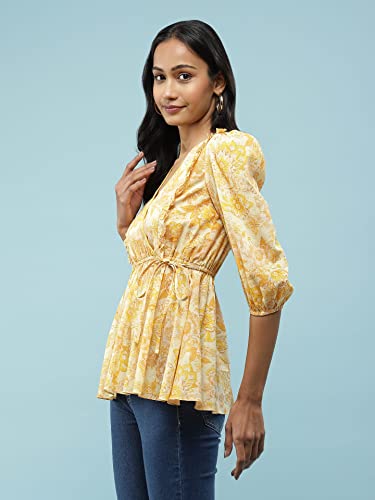 Aarke Ritu Kumar Yellow Floral Print Wrao Style Top