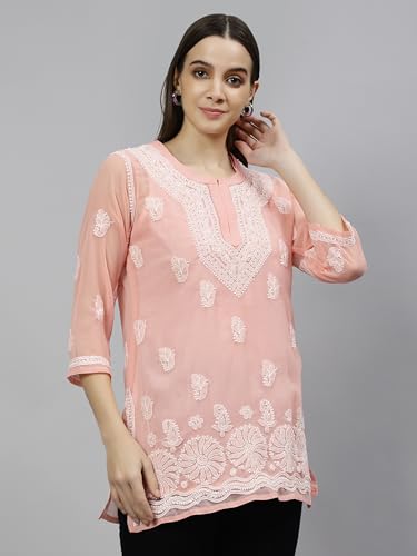 Seva Chikan Hand Embroidered Lucknowi Chikankari Peach Georgette Women's Short Top Tunic with Slip (Peach)