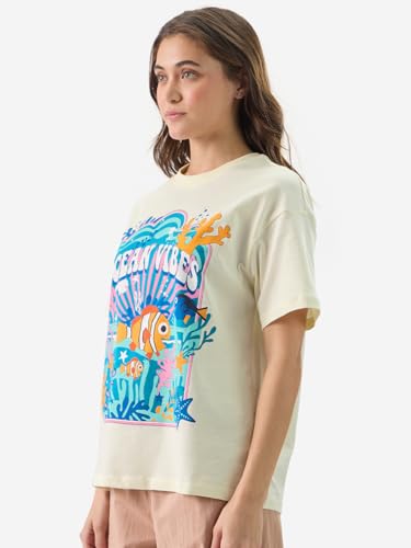 The Souled Store Official Disney: Ocean Vibes Women and Girls Round Neck Short Sleeve Off White Graphic Printed Cotton Relaxed Fit