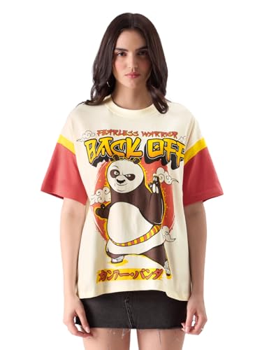 The Souled Store Kung Fu Panda: Back Off Womens Oversized Fit Graphic Printed Half Sleeve Cotton Multicolored Women Oversized T-Shirts Oversized T Shirts for Women T-Shirt Girls Cotton Casual Half