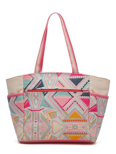 Anekaant Kooky Natural & Multi Boho Geometric Embellished Handloom Cotton Jacquard Tote Bag