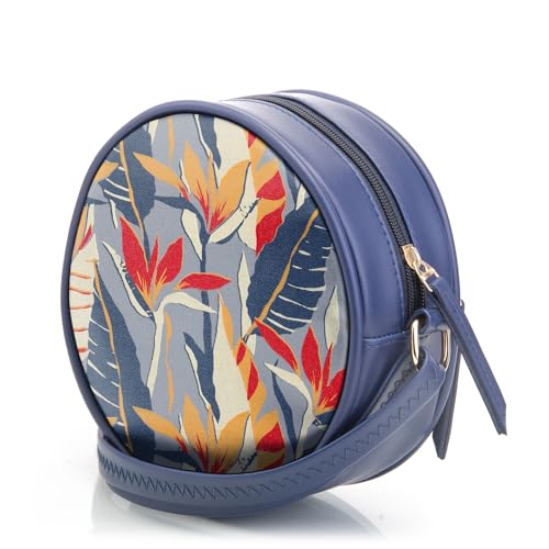 SACCI MUCCI Round Crossbody Bag | Side Sling Bag for Women and Girls | Latest Stylish Shoulder Bag for Ladies - Exotic Jungle (Navy Blue)