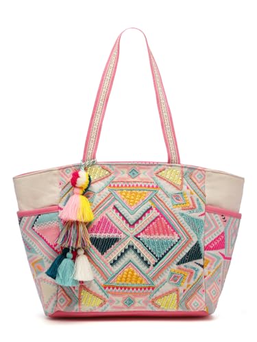 Anekaant Kooky Natural & Multi Boho Geometric Embellished Handloom Cotton Jacquard Tote Bag