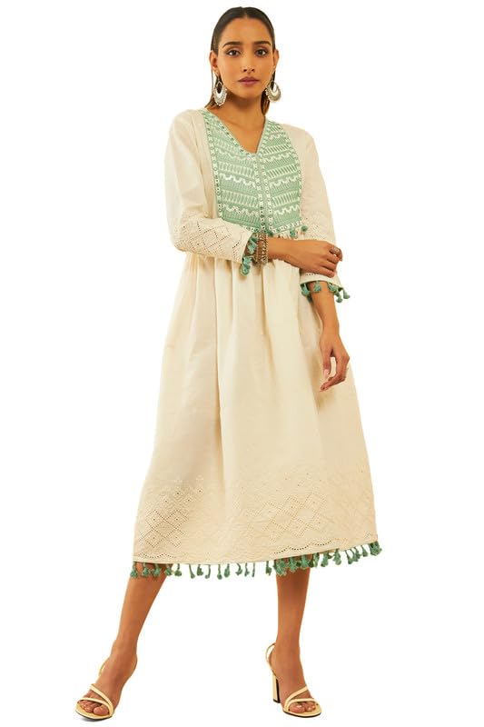 Soch Womens Off White Cotton Embroidered Dress with Faux Mirror