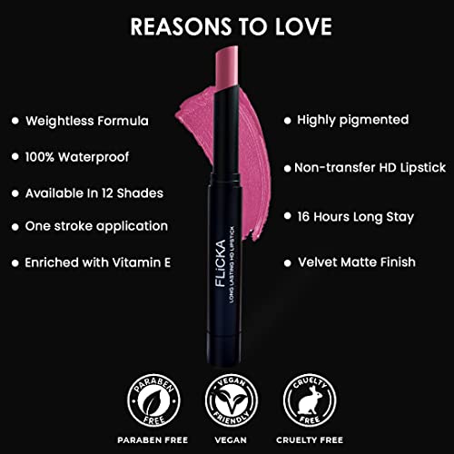 FLiCKA High Drama Creamy Matte Lipstick| Non-transfer HD Lipstick, Waterproof, Hydrating, Moisturizing, Upto 16Hrs, 06 jealous, 3.2