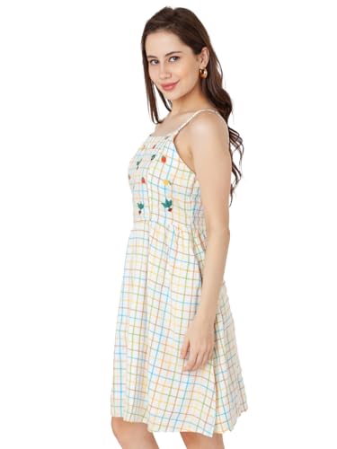 Zink London Women's White Checks A-Line Short Dress