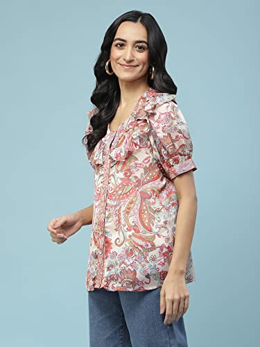 Aarke Ritu Kumar Multi Color Printed Button-Down Top with Ruffles with Camisole