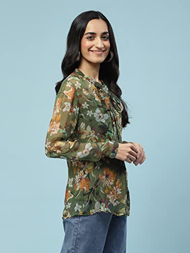 Aarke Ritu Kumar Green Floral Print Tie-Up Shirt with Camisole