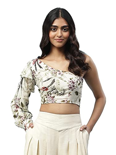 Aarke Ritu Kumar Off White Floral Print One Shoulder Crop Top