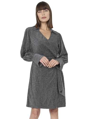 VERO MODA Women's Polyester Blend Wrap Knee-Length Dress (Jet Black)