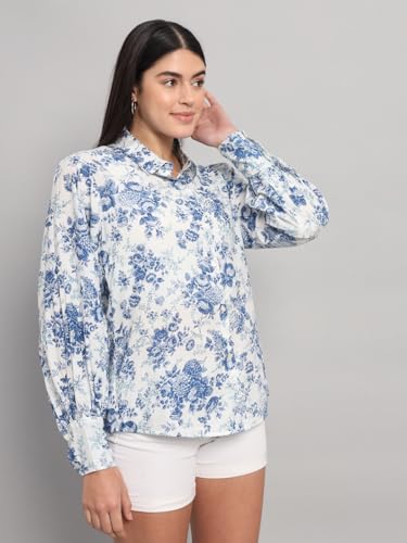 Ravaiyaa - Attitude is everything Shirt for Women, Printed Shirt, Relaxed Fit, Full Puff Sleeves 100% Cotton Spread Collar Neck Printed Shirt for Womens/Girls (White Blue Floral)