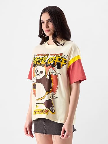The Souled Store Kung Fu Panda: Back Off Womens Oversized Fit Graphic Printed Half Sleeve Cotton Multicolored Women Oversized T-Shirts Oversized T Shirts for Women T-Shirt Girls Cotton Casual Half