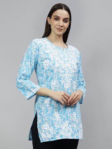 Seva Chikan Hand Embroidered Lucknowi Chikankari Blue Cotton Women's Printed Short Top Tunic (Blue)