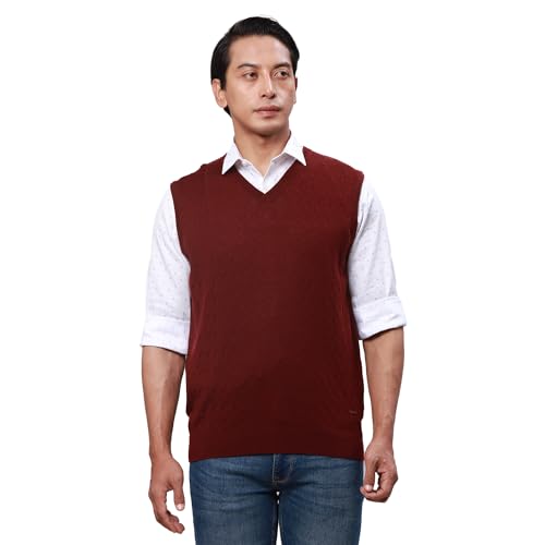 Park Avenue Men's Regular Fit Acrylic Wool Blended Solid Pattern V Neck Sleeveless Casual Sweater (Size: 85)-PCWB00271-R8 Dark Red