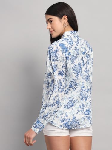 Ravaiyaa - Attitude is everything Shirt for Women, Printed Shirt, Relaxed Fit, Full Puff Sleeves 100% Cotton Spread Collar Neck Printed Shirt for Womens/Girls (White Blue Floral)