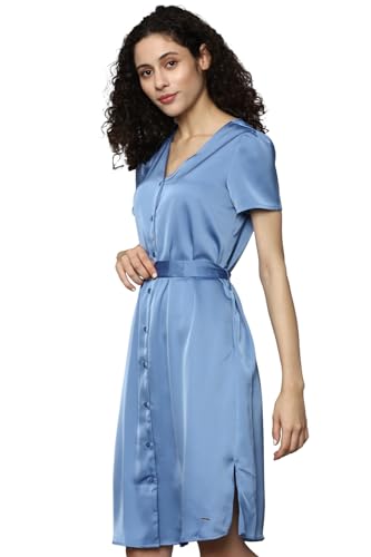 Allen Solly Women's Polyester Blend Classic High-Low Dress (Blue)