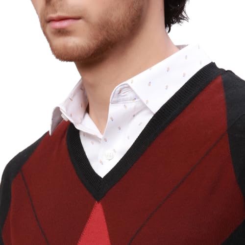 Park Avenue Men's Regular Fit Acrylic Wool Blended Argyle Pattern V Neck Full Sleeve Casual Sweater (Size: 85)-PCWA00266-R8 Dark Red