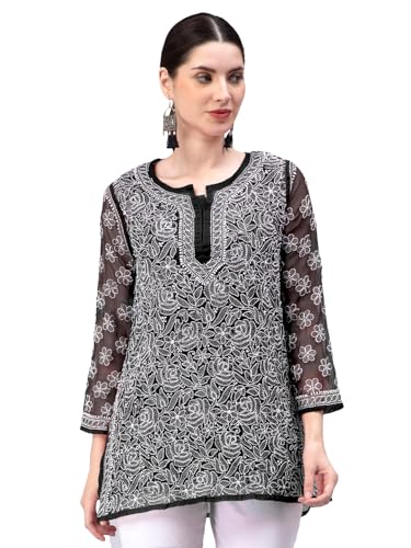 Seva Chikan Hand Embroidered Lucknowi Chikankari Black Georgette Short Top for Women with Cotton Slip (Black)