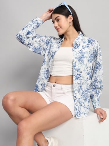 Ravaiyaa - Attitude is everything Shirt for Women, Printed Shirt, Relaxed Fit, Full Puff Sleeves 100% Cotton Spread Collar Neck Printed Shirt for Womens/Girls (White Blue Floral)