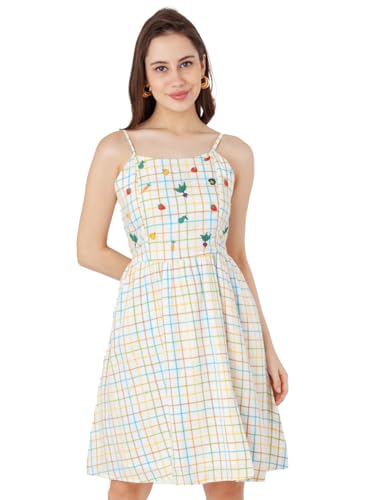 Zink London Women's White Checks A-Line Short Dress