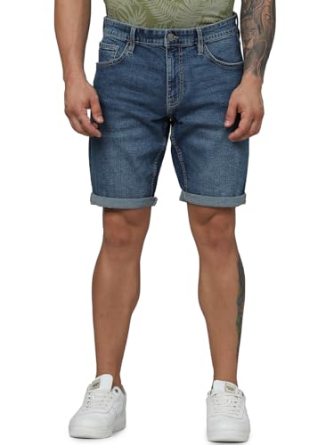 Celio Men Blue Solid Slim Fit Cotton Twill Denim Casual Shorts (Dark Blue)