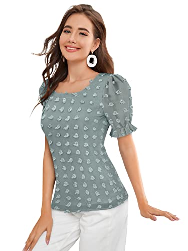 KERI PERRY Women's Dobby Pattern Western Georgette Top (Sea Green) Tops for Women, Puff Sleeve Tops