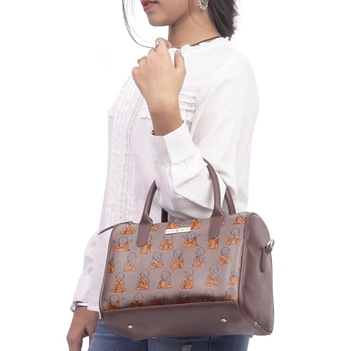 SACCI MUCCI Women's Handbag | Women's Tote Bag | Women's Top-Handle Bags | Women's Satchels | Women's Hobos & Shoulder Bags- Cute Monk Design Print (Brown)