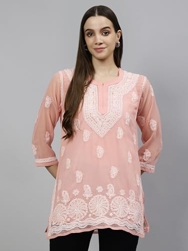 Seva Chikan Hand Embroidered Lucknowi Chikankari Peach Georgette Women's Short Top Tunic with Slip (Peach)