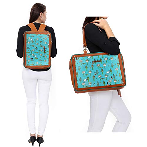 Funk For Hire Leatherette Printed 2 In 1 Backpack Shoulder Bag Handbag Fit Up To 15.6" Laptop - Aqua Blue And Brown