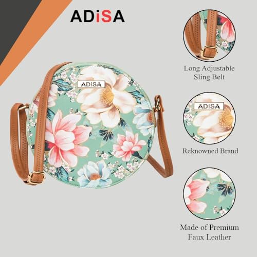 ADISA Women Girls Flower Print Sling Bag Round Crossbody Purse (SL6007-GRN_Green)