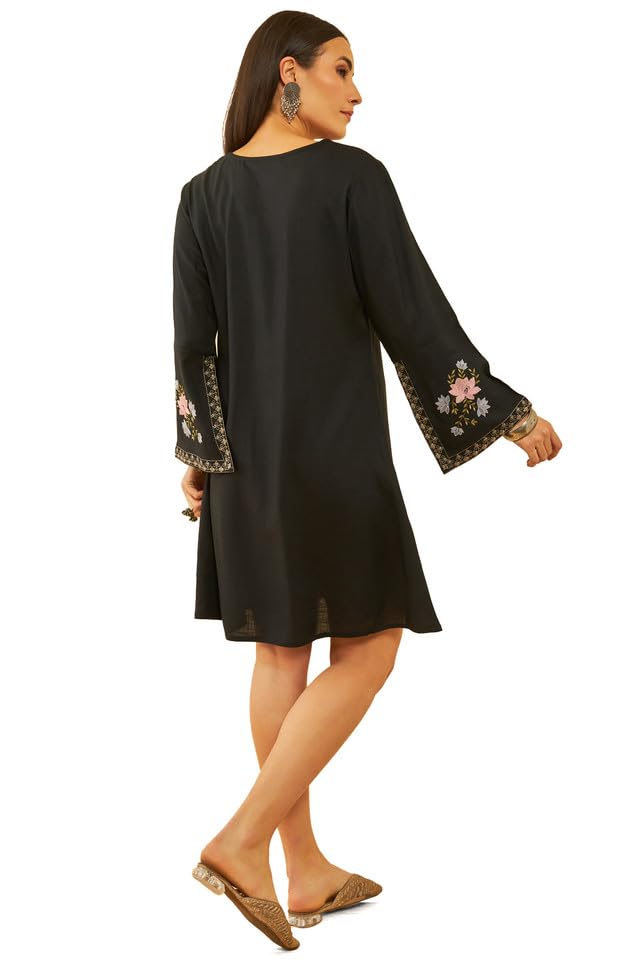 Soch Womens Black Rayon Slub Embroidered Dress with Thread Work(8909058020577)