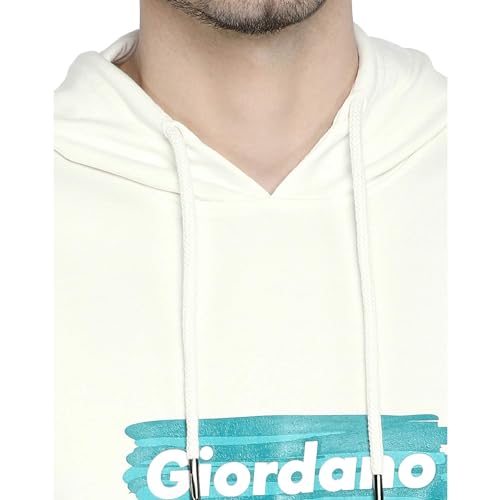 Giordano Men's Regular Fit Long Sleeves Typography Printed Kangaroo Pockets Hooded Pullover Sweatshirt Snow White