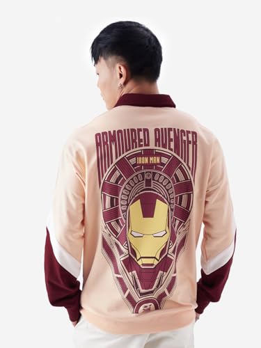 The Souled Store Iron Man: Armoured Avenger Men and Boys Long Sleeve Pink and Red Graphic Print Oversized Fit Rugby Polo Sweatshirts Iron Man Marvel Comics Tony Stark Avenger Superhero Movie Mcu