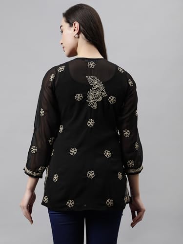 Seva Chikan Hand Embroidered Lucknowi Chikankari Black Georgette Women's Short Top Tunic with Slip (Black)