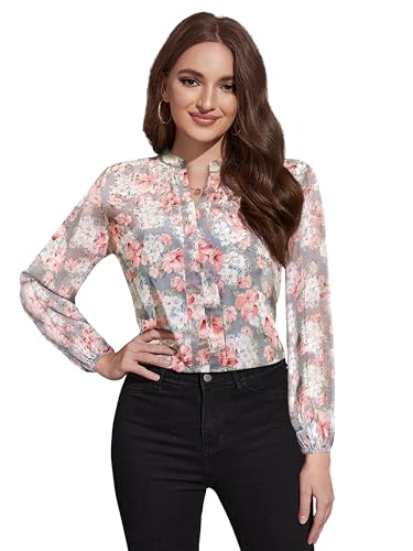 KERI PERRY Women's Grey Georgette Floral Straight Western Top | Winter Top | Western Top | Top for Women | Latest Women Top | Trendy Women Top