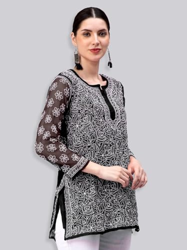 Seva Chikan Hand Embroidered Lucknowi Chikankari Black Georgette Short Top for Women with Cotton Slip (Black)